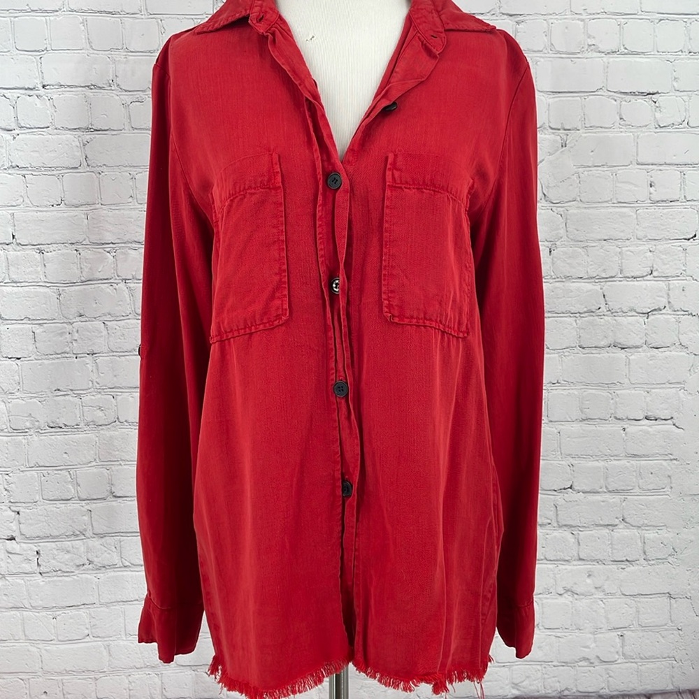 Poppy Red Frayed Edges Collared Long Sleeve Zara Top Medium Button Up